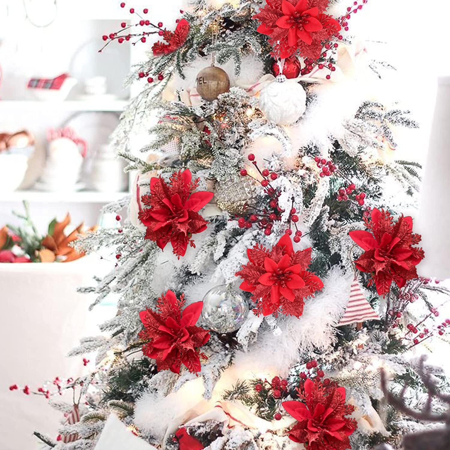 Künstliche Weihnachtssternblüte 15 cm, Seidenblume, Glitzer, Einzeln, für Weihnachtsdekoration, Hochzeiten, Events, 1 Stück
