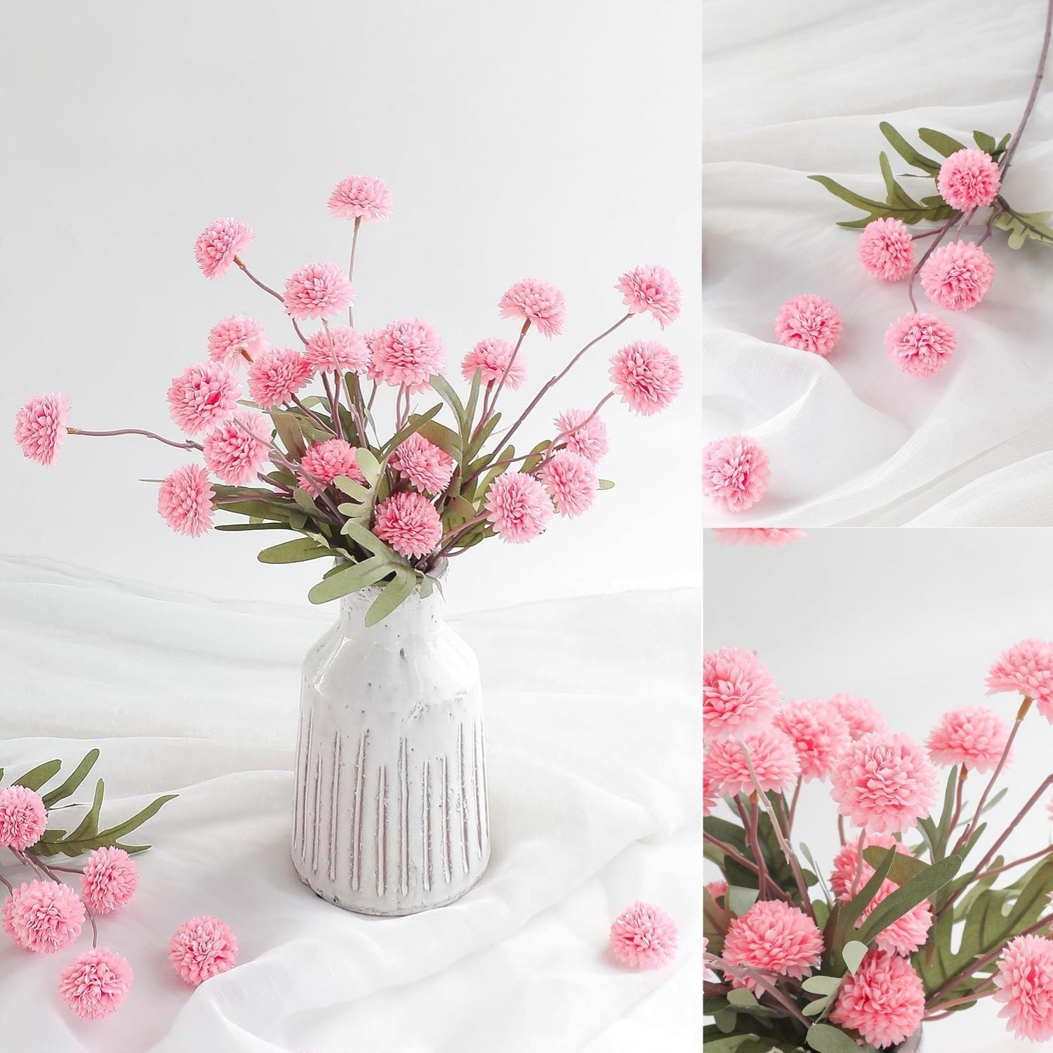Künstliche Chrysanthemen 5er-Set, 45cm lange Stiele, Naturgetreue Seidenblumen in Beige, Ø 3,3cm Pompon-Blüten, für Vasen, Hochzeitsdeko & Floristikbedarf