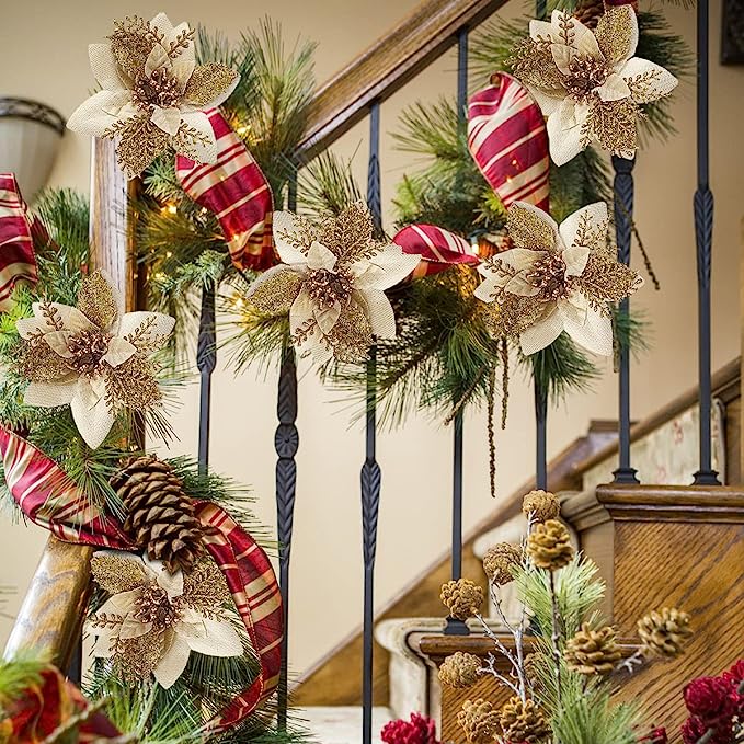 Künstliche Weihnachtssternblüte 15 cm, Seidenblume, Glitzer, Einzeln, für Weihnachtsdekoration, Hochzeiten, Events, 1 Stück