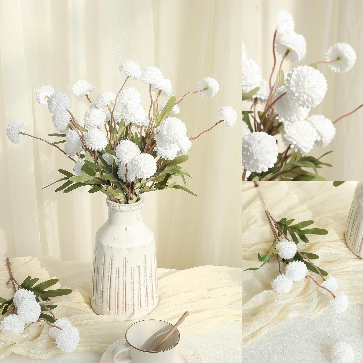 Künstliche Chrysanthemen 5er-Set, 45cm lange Stiele, Naturgetreue Seidenblumen in Beige, Ø 3,3cm Pompon-Blüten, für Vasen, Hochzeitsdeko & Floristikbedarf