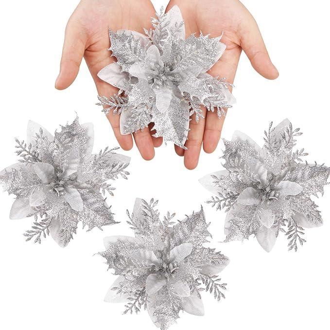 Künstliche Weihnachtssternblüte 15 cm, Seidenblume, Glitzer, Einzeln, für Weihnachtsdekoration, Hochzeiten, Events, 1 Stück