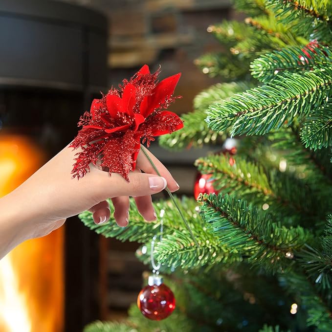 Künstliche Weihnachtssternblüte 15 cm, Seidenblume, Glitzer, Einzeln, für Weihnachtsdekoration, Hochzeiten, Events, 1 Stück