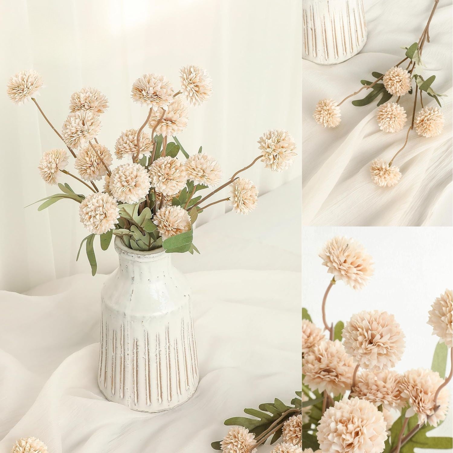 Künstliche Chrysanthemen 5er-Set, 45cm lange Stiele, Naturgetreue Seidenblumen in Beige, Ø 3,3cm Pompon-Blüten, für Vasen, Hochzeitsdeko & Floristikbedarf