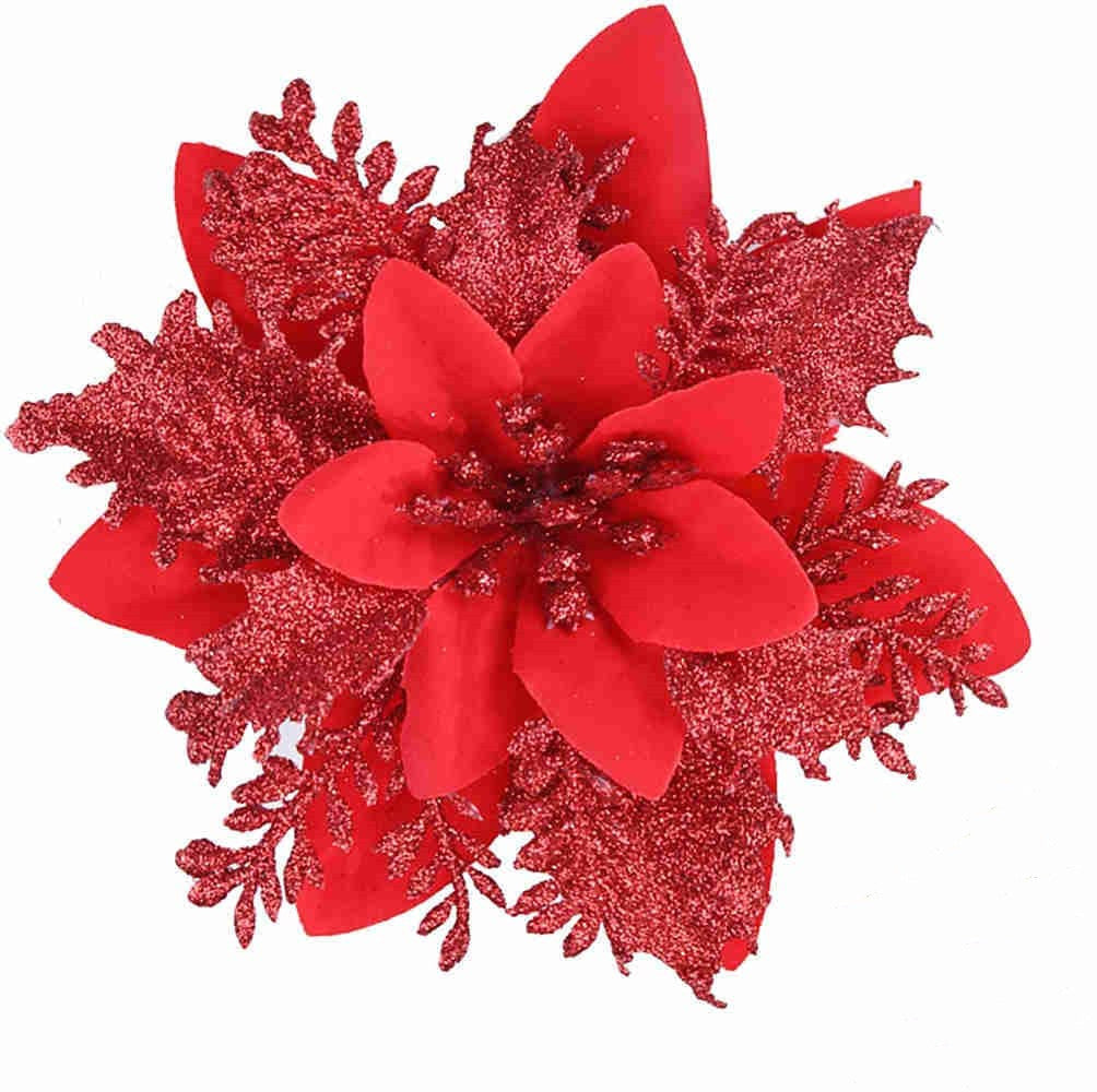 Künstliche Weihnachtssternblüte 15 cm, Seidenblume, Glitzer, Einzeln, für Weihnachtsdekoration, Hochzeiten, Events, 1 Stück
