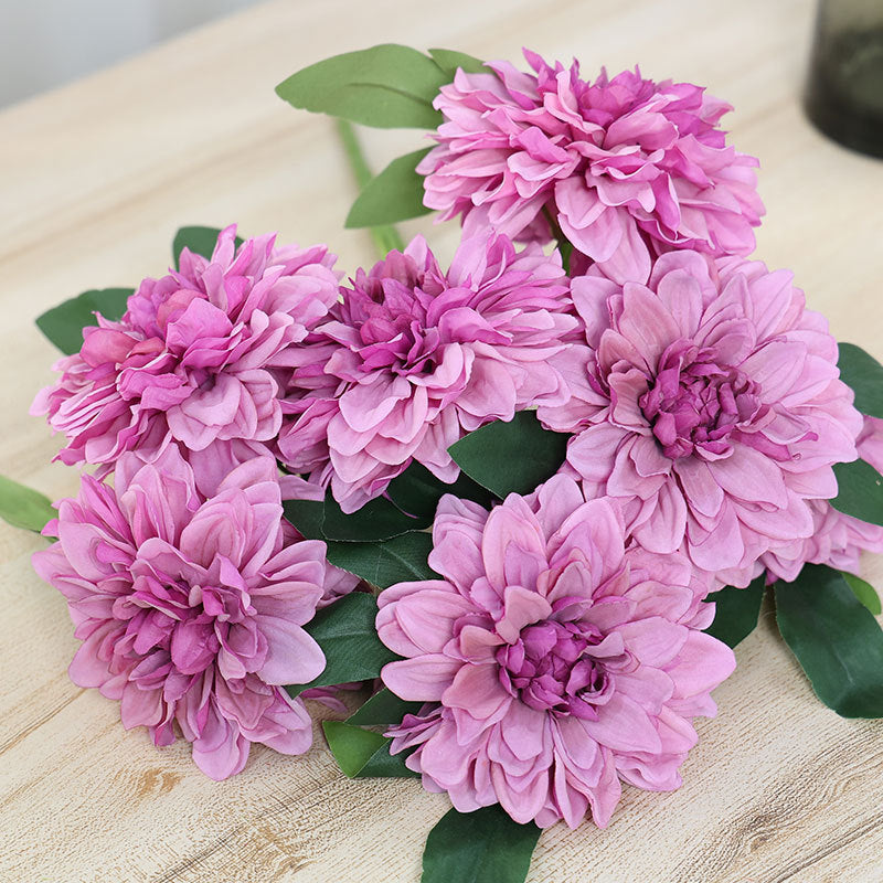 Dahlienbusch künstlich 48 cm, täuschend echte Seiden-Dahlien, 7 Blüten, für Dekoration, Hochzeit, Gastronomie, langlebiger Kunstblumenstrauß