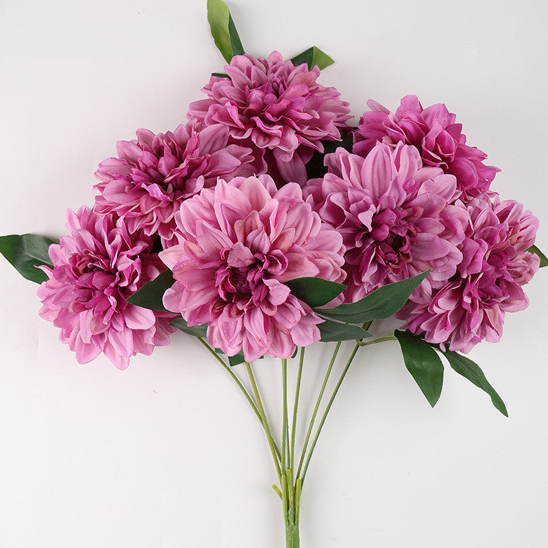 Dahlienbusch künstlich 48 cm, täuschend echte Seiden-Dahlien, 7 Blüten, für Dekoration, Hochzeit, Gastronomie, langlebiger Kunstblumenstrauß