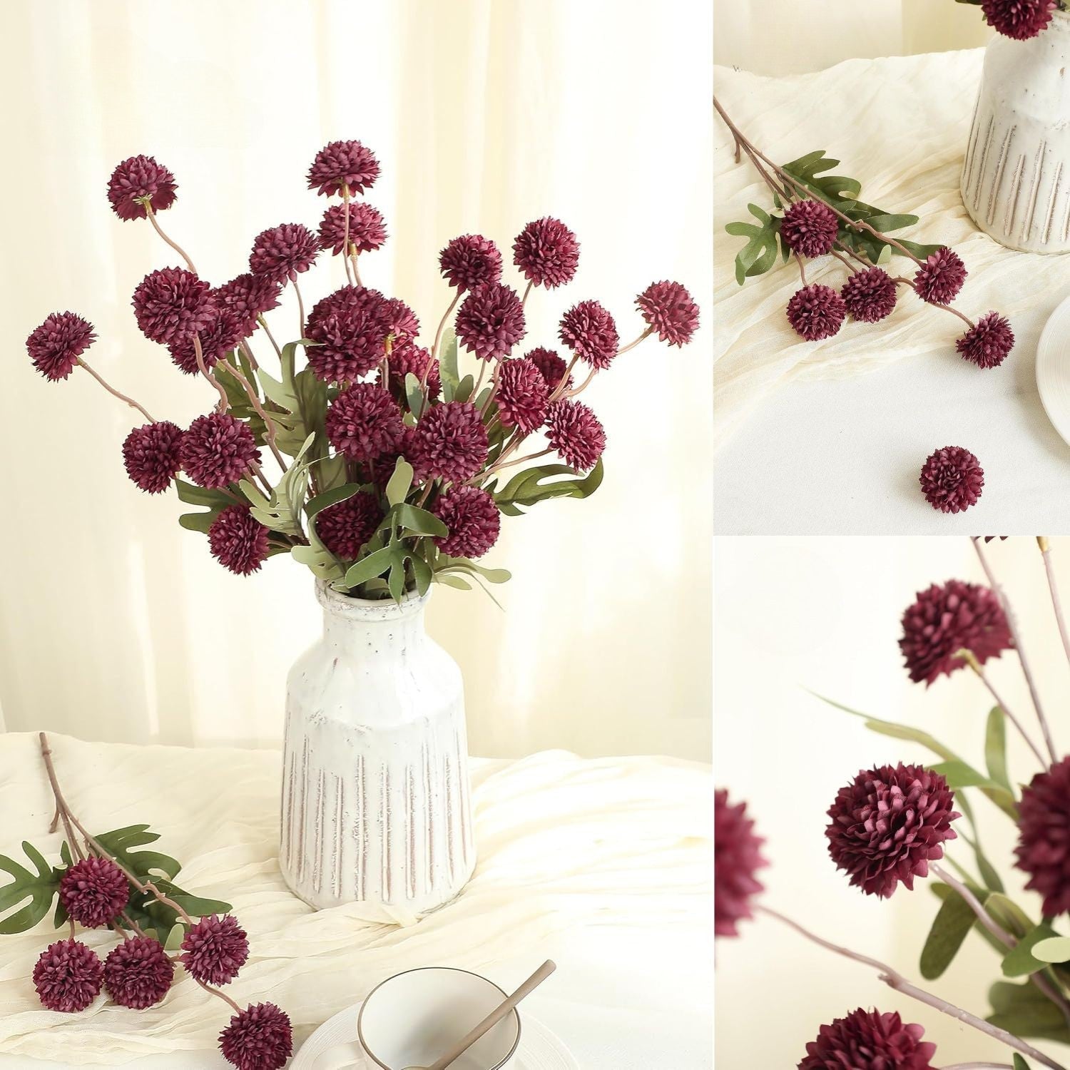 Künstliche Chrysanthemen 5er-Set, 45cm lange Stiele, Naturgetreue Seidenblumen in Beige, Ø 3,3cm Pompon-Blüten, für Vasen, Hochzeitsdeko & Floristikbedarf