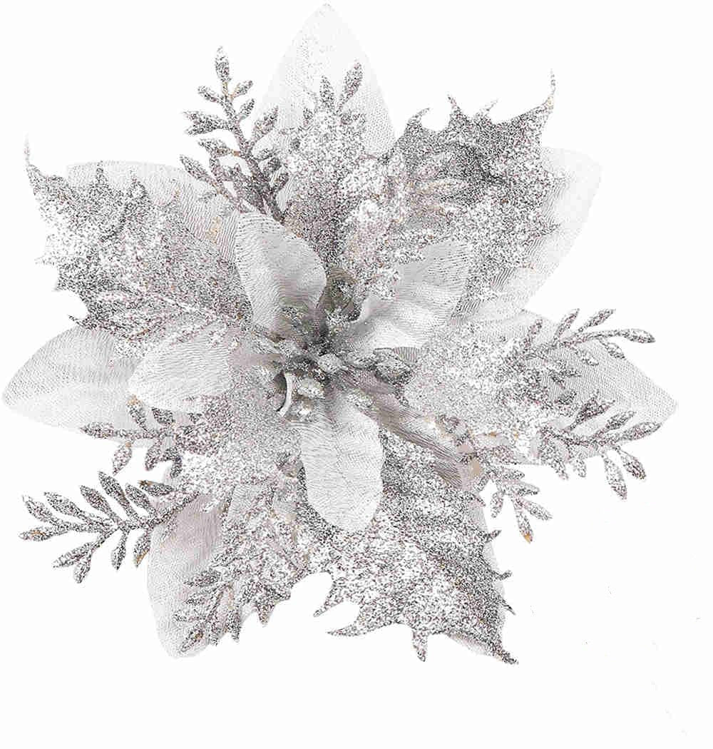 Künstliche Weihnachtssternblüte 15 cm, Seidenblume, Glitzer, Einzeln, für Weihnachtsdekoration, Hochzeiten, Events, 1 Stück