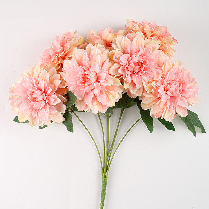 Dahlienbusch künstlich 48 cm, täuschend echte Seiden-Dahlien, 7 Blüten, für Dekoration, Hochzeit, Gastronomie, langlebiger Kunstblumenstrauß