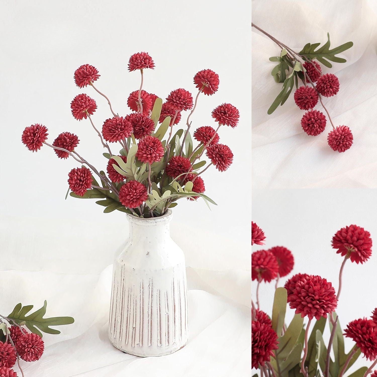 Künstliche Chrysanthemen 5er-Set, 45cm lange Stiele, Naturgetreue Seidenblumen in Beige, Ø 3,3cm Pompon-Blüten, für Vasen, Hochzeitsdeko & Floristikbedarf