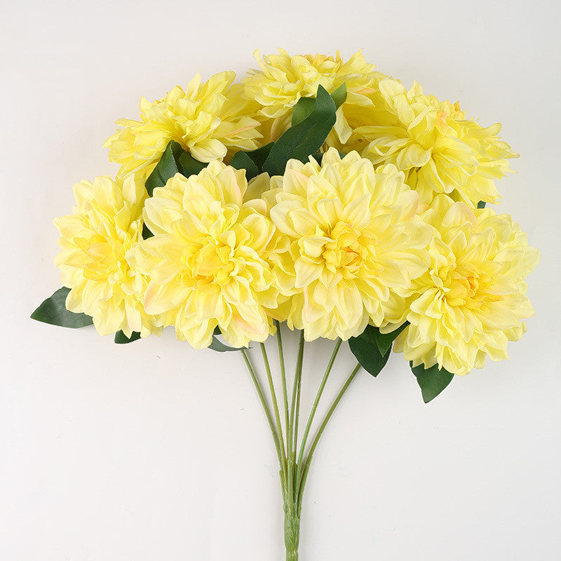 Dahlienbusch künstlich 48 cm, täuschend echte Seiden-Dahlien, 7 Blüten, für Dekoration, Hochzeit, Gastronomie, langlebiger Kunstblumenstrauß