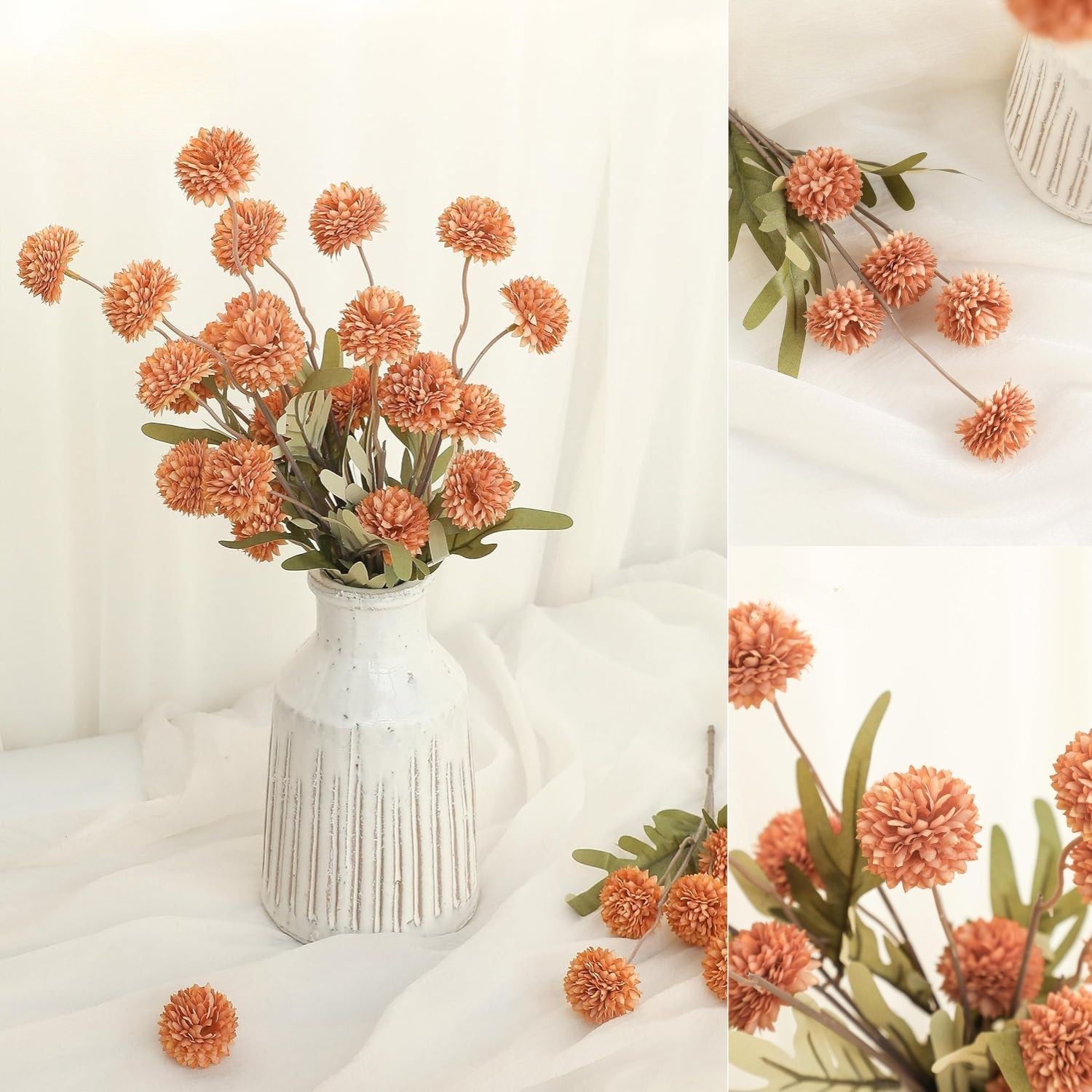 Künstliche Chrysanthemen 5er-Set, 45cm lange Stiele, Naturgetreue Seidenblumen in Beige, Ø 3,3cm Pompon-Blüten, für Vasen, Hochzeitsdeko & Floristikbedarf