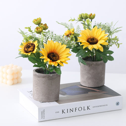 25 cm künstliche Sonnenblumen im Topf – Gelbe Kunstblumen für Heim, Badezimmer, Küche