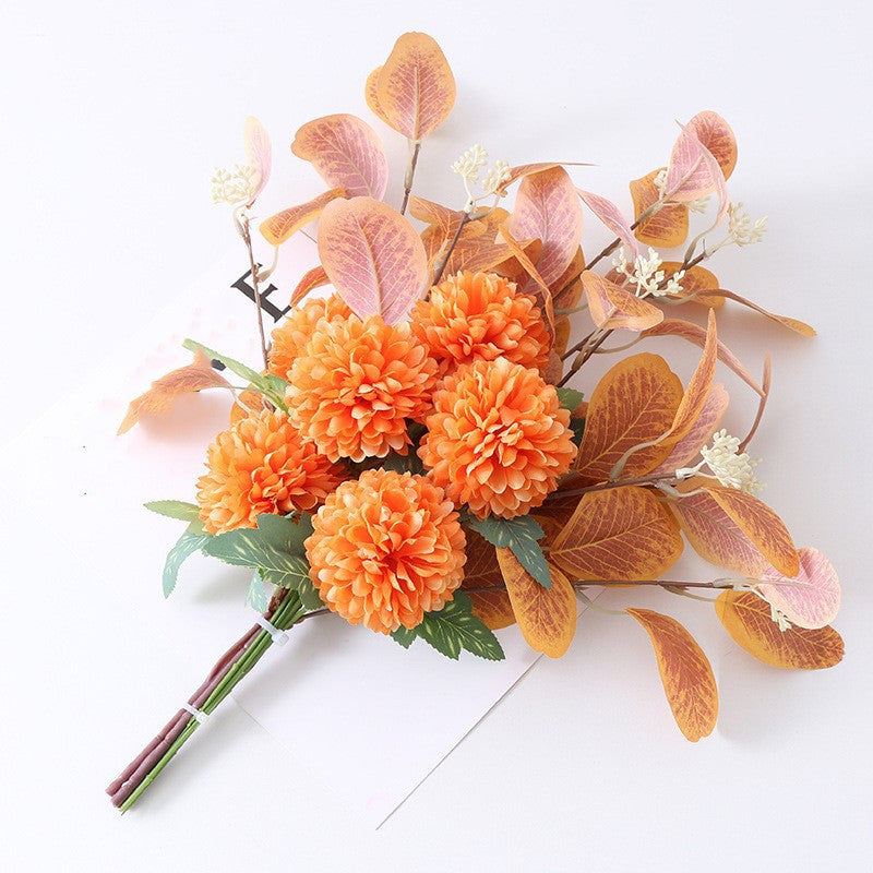 47 cm Künstlicher Blumenstrauß mit Ball Mums Mixed & Eukalyptus – Für Oktoberfest & Herbst-Winter-Dekoration