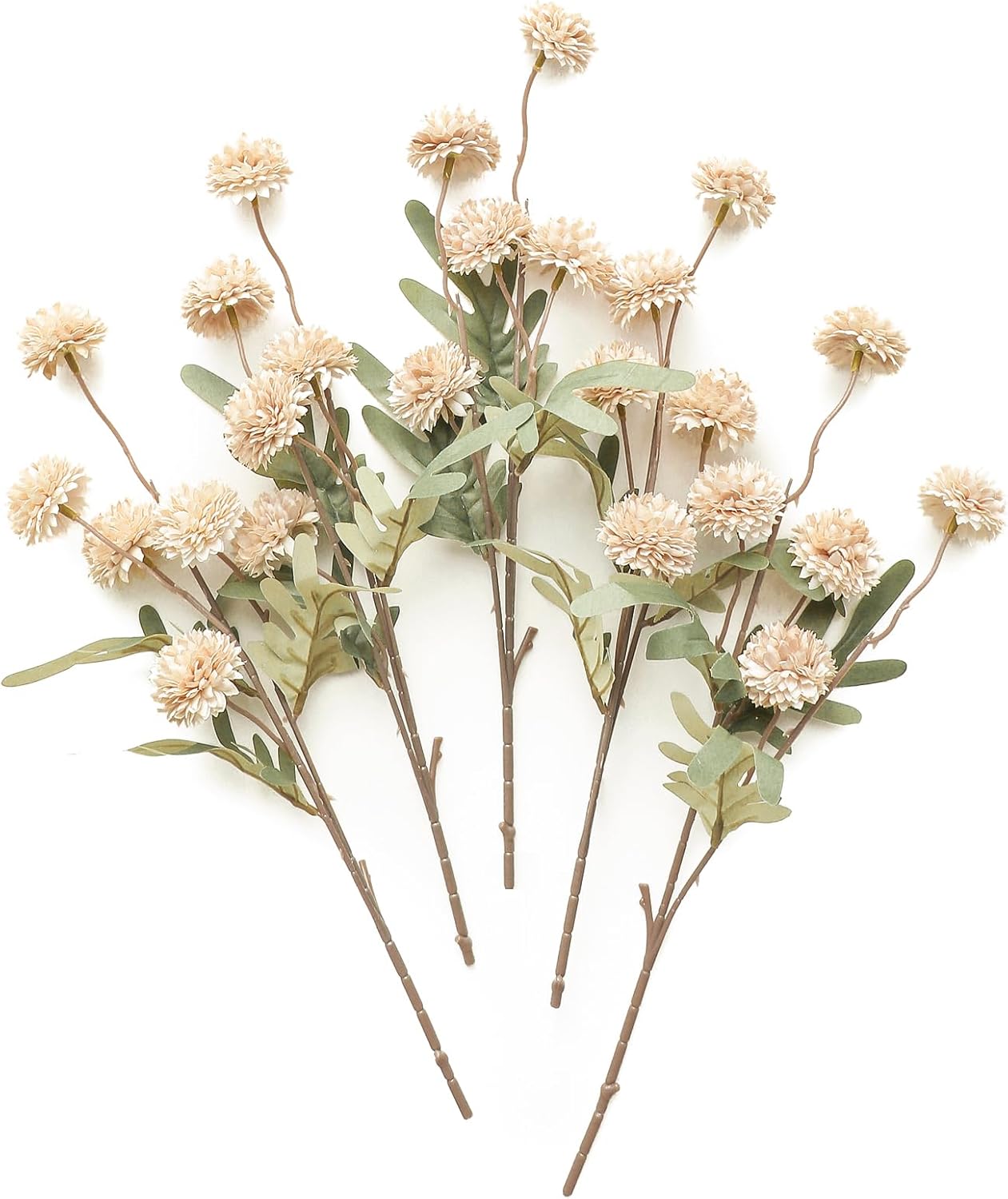 Künstliche Chrysanthemen 5er-Set, 45cm lange Stiele, Naturgetreue Seidenblumen in Beige, Ø 3,3cm Pompon-Blüten, für Vasen, Hochzeitsdeko & Floristikbedarf