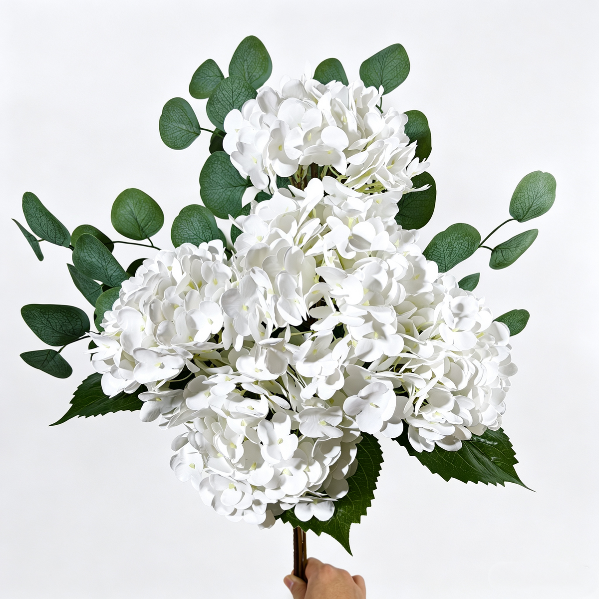 65cm Kunst-Hortensie & Eukalyptus Arrangement, realistische Seide, wei – kunstblumenshop