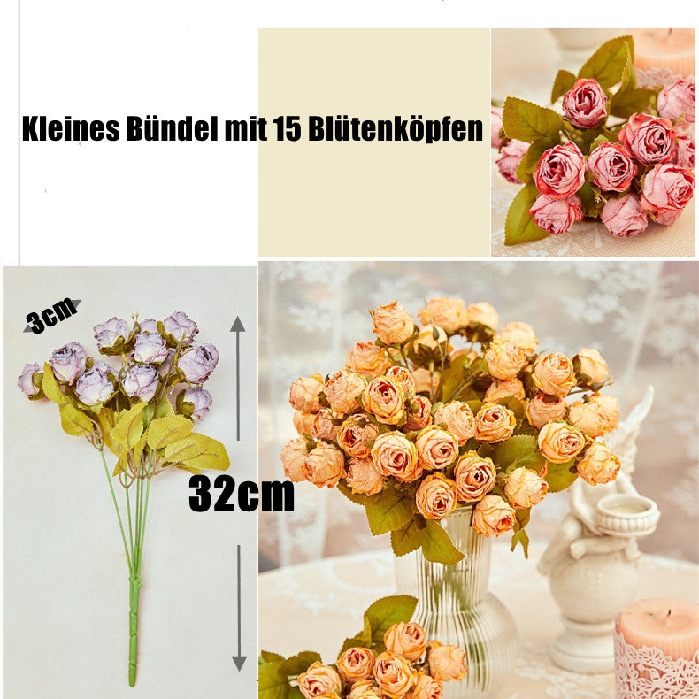 32 cm Künstlicher Strauß mit 15 kleinen randgebrannten Rosen – für Herbst-Winter-Dekoration